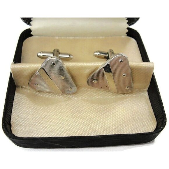 Cufflinks Styled by Fifth Avenue Silver Tone Triangle Wedding Tux Vintage - Picture 3 of 11